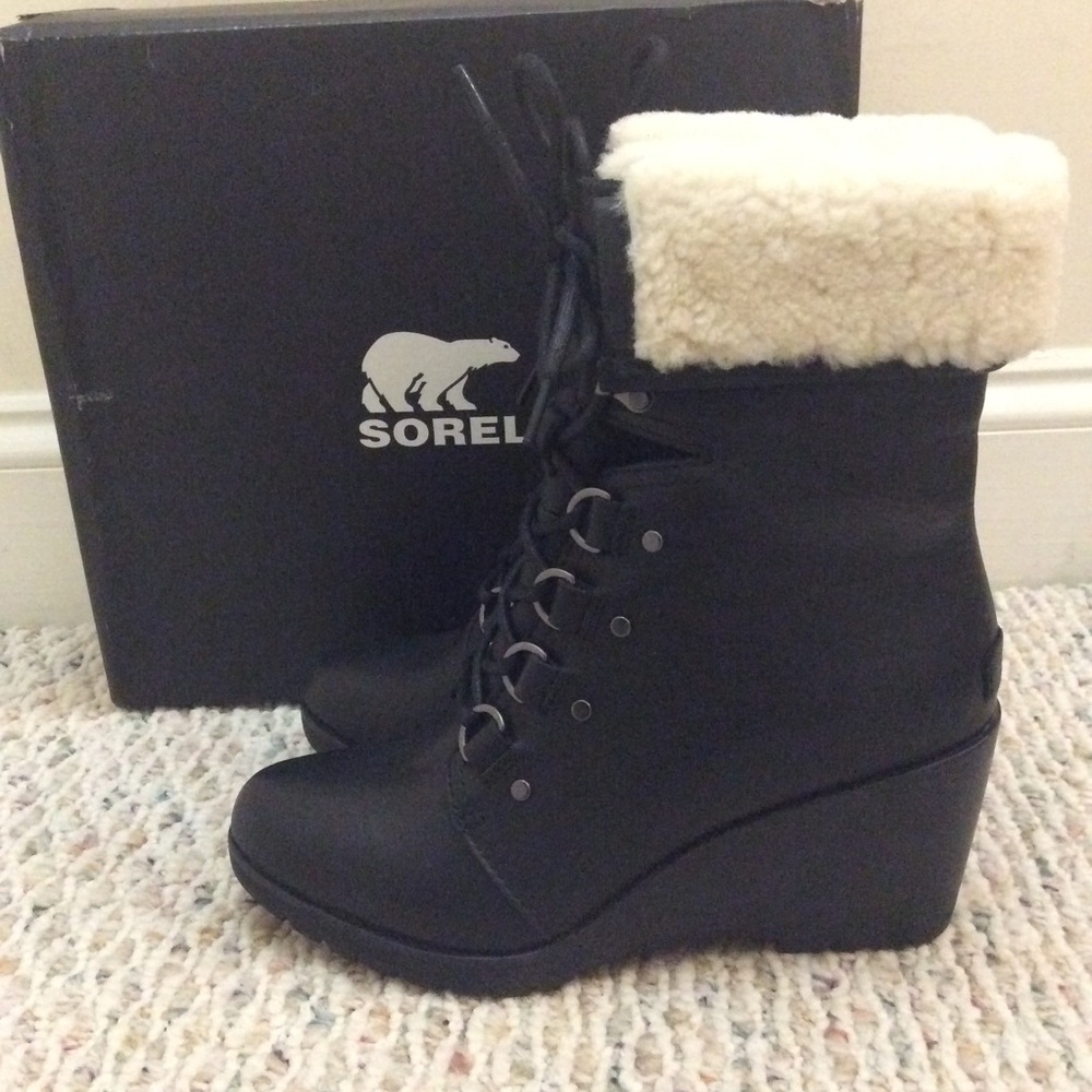 🆕 SOREL x Anthropologie black leather wedge boots - Picture 5 of 8